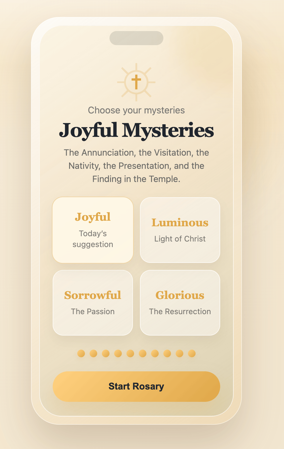 Beadlight app screen showing mystery selection and a Start Rosary button