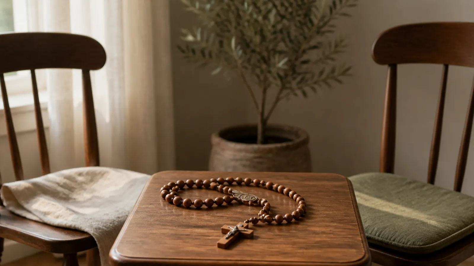 Two wooden chairs facing each other with a Rosary resting on the table between them.