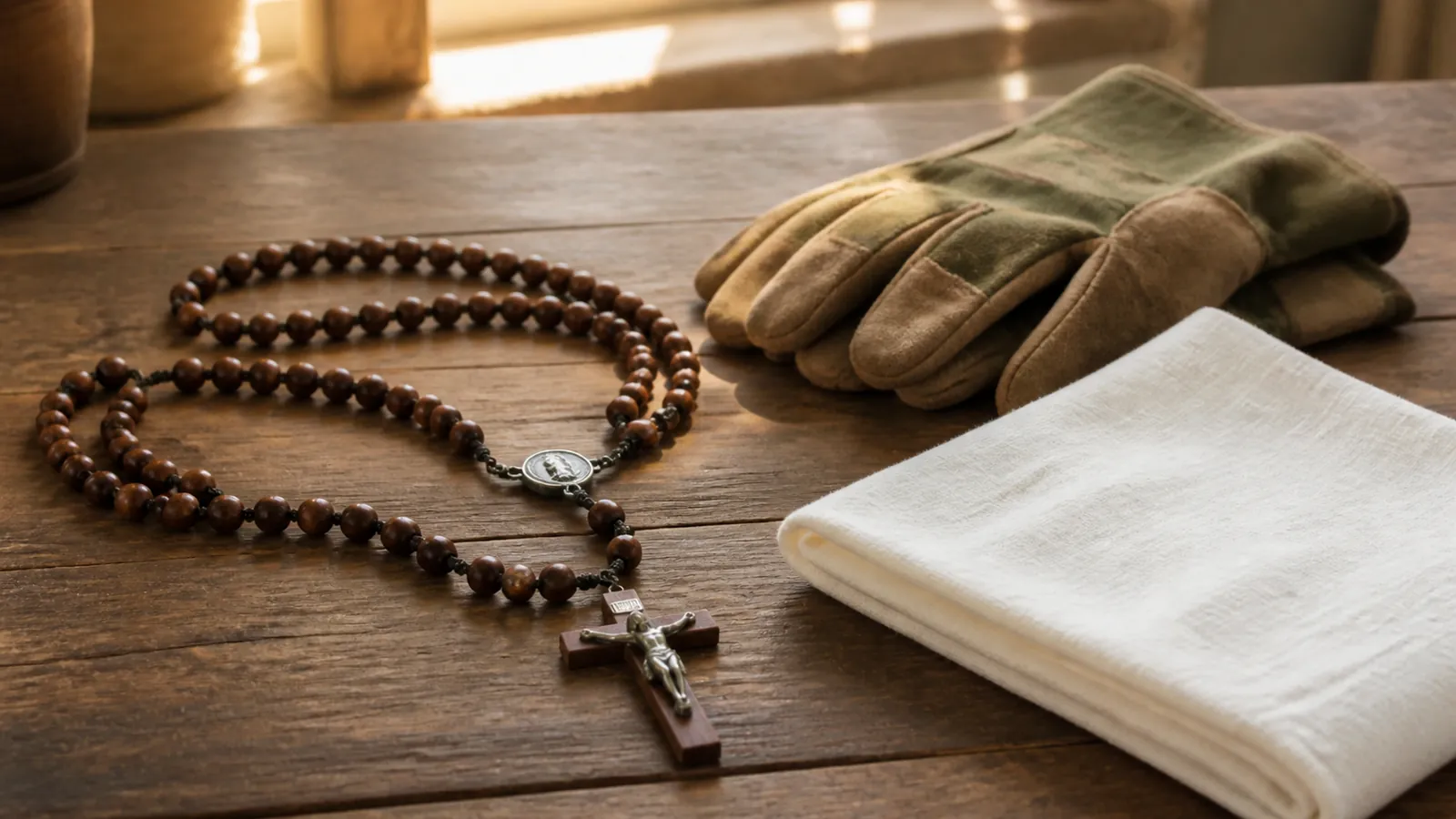 A Rosary beside a pair of work gloves and a folded white cloth, ready for an act of practical care