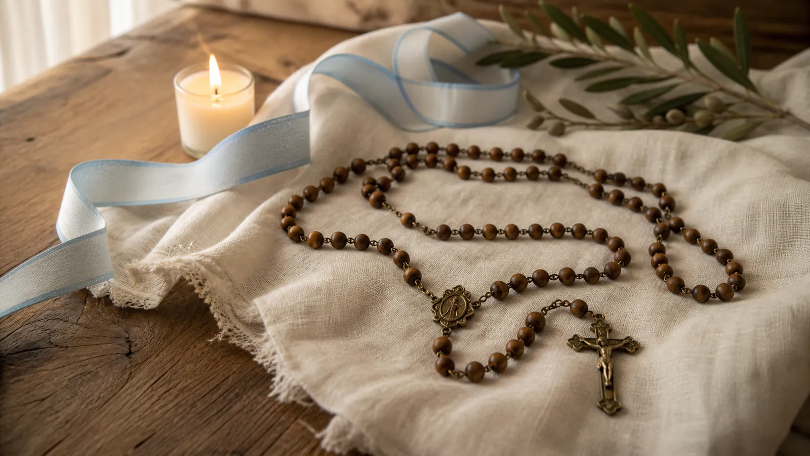 A blue-and-white ribbon arranged beside a Rosary and a small lit candle