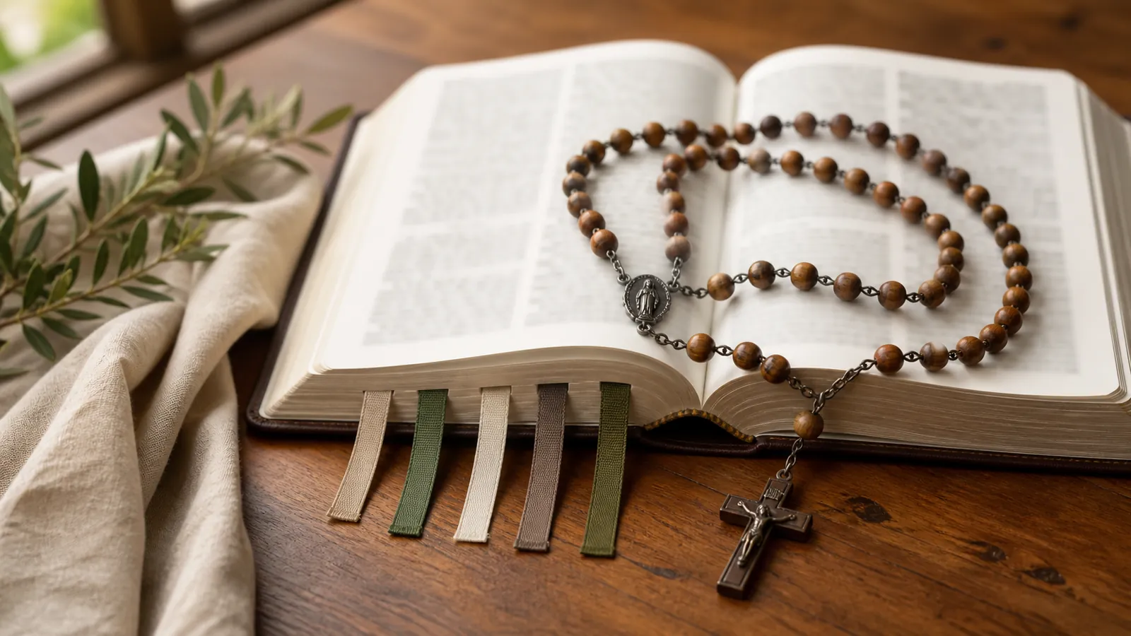 An open Bible with a Rosary laid across the pages and five small bookmark ribbons, with no readable text visible