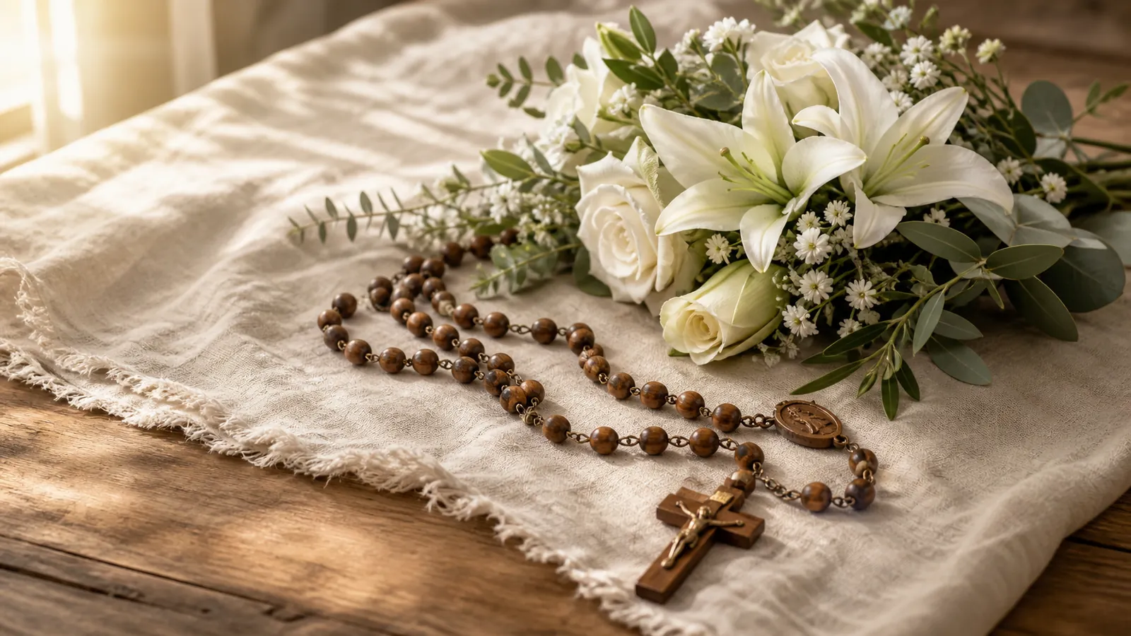White flowers and a Rosary resting together in warm dawn light for Mary’s birthday.