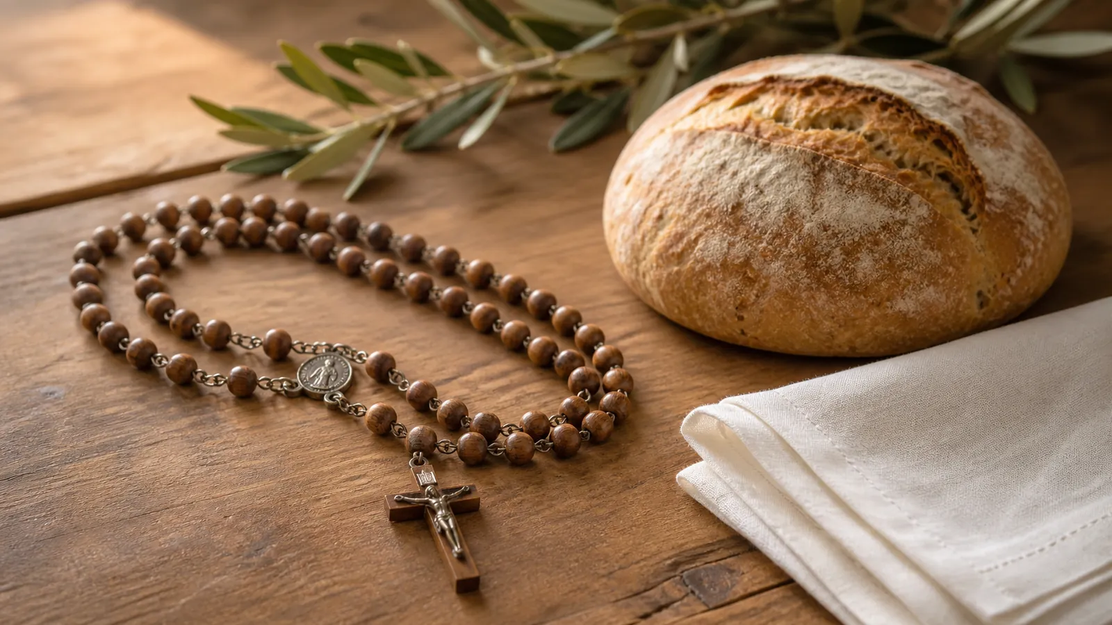A Rosary beside a loaf of bread and a small folded cloth ready for an act of service.