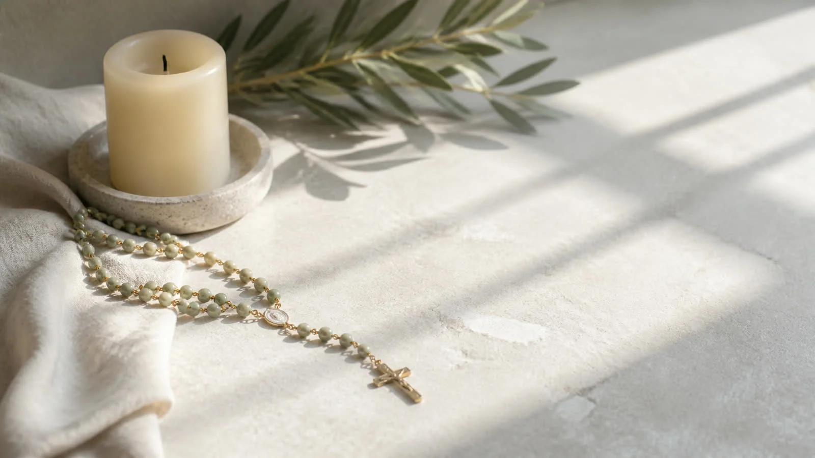 A Rosary resting on a quiet stone surface beside a small unlit candle and soft natural light.