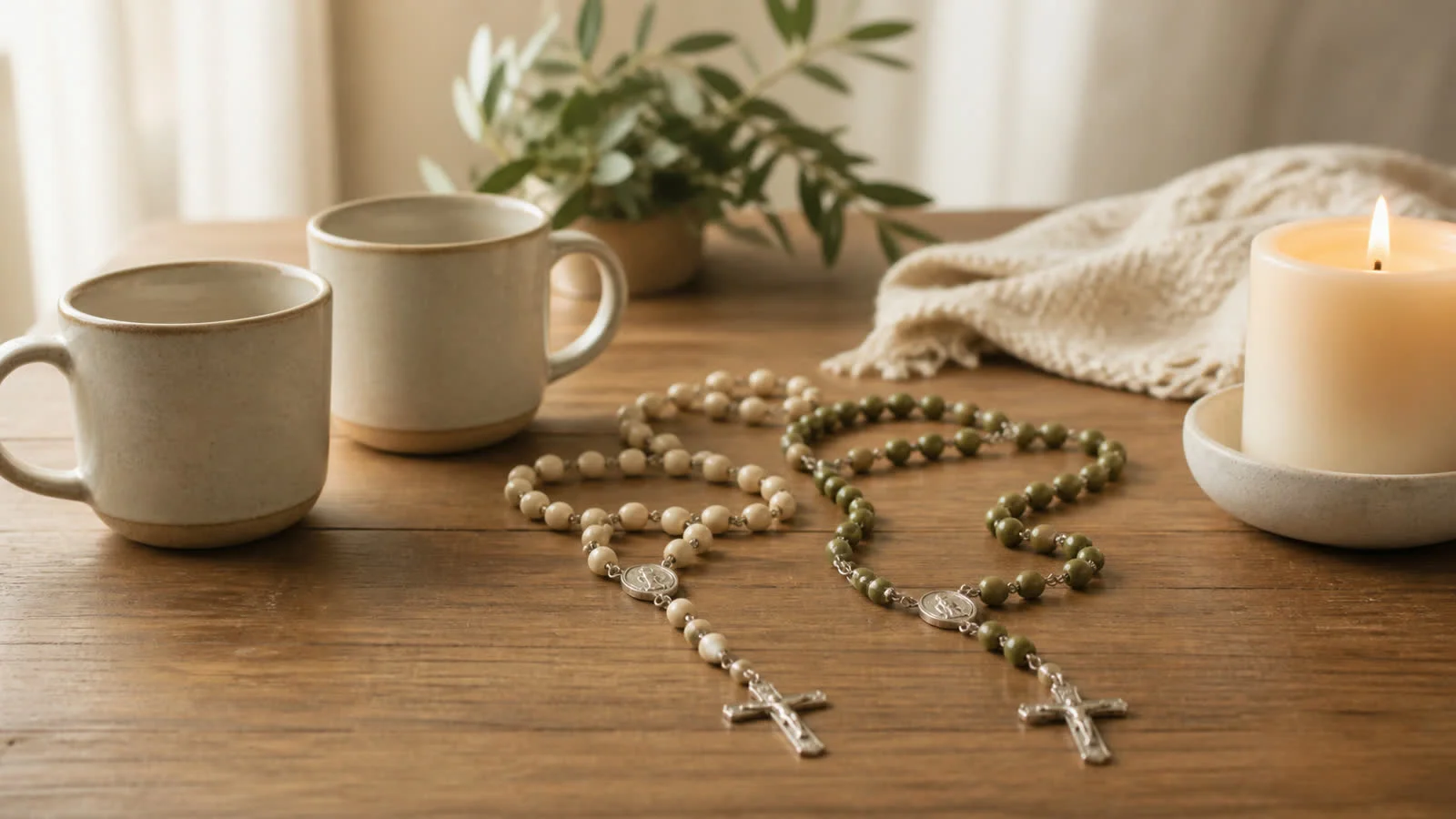 Two sets of Rosary beads resting together beside a candle on a warm wooden table.