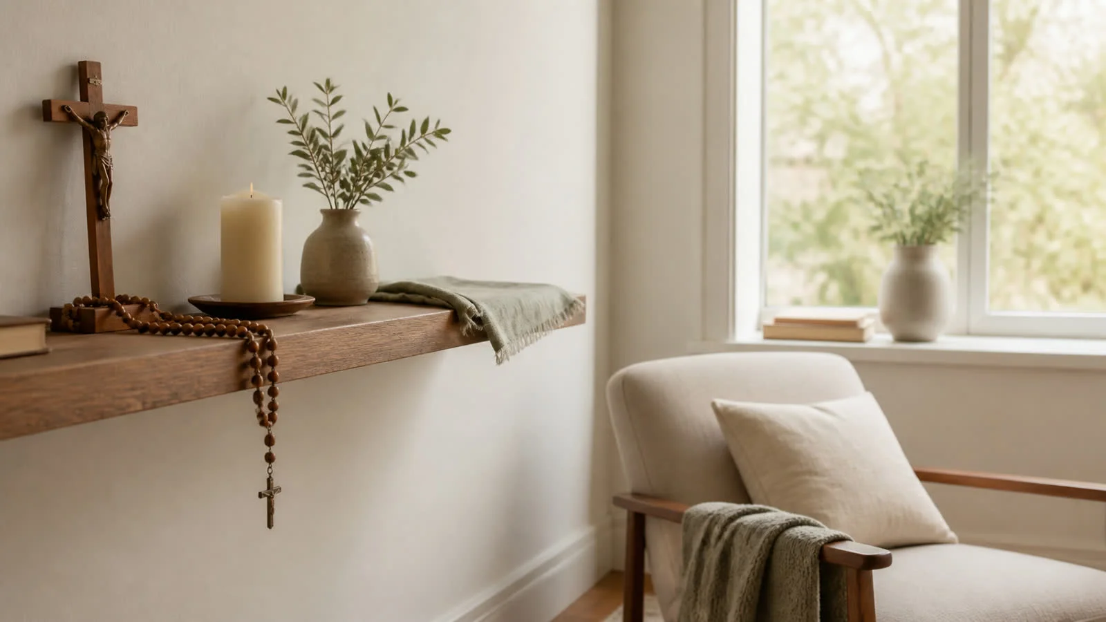 A small home prayer corner with a Rosary, candle and neutral linen beside a simple wooden chair.