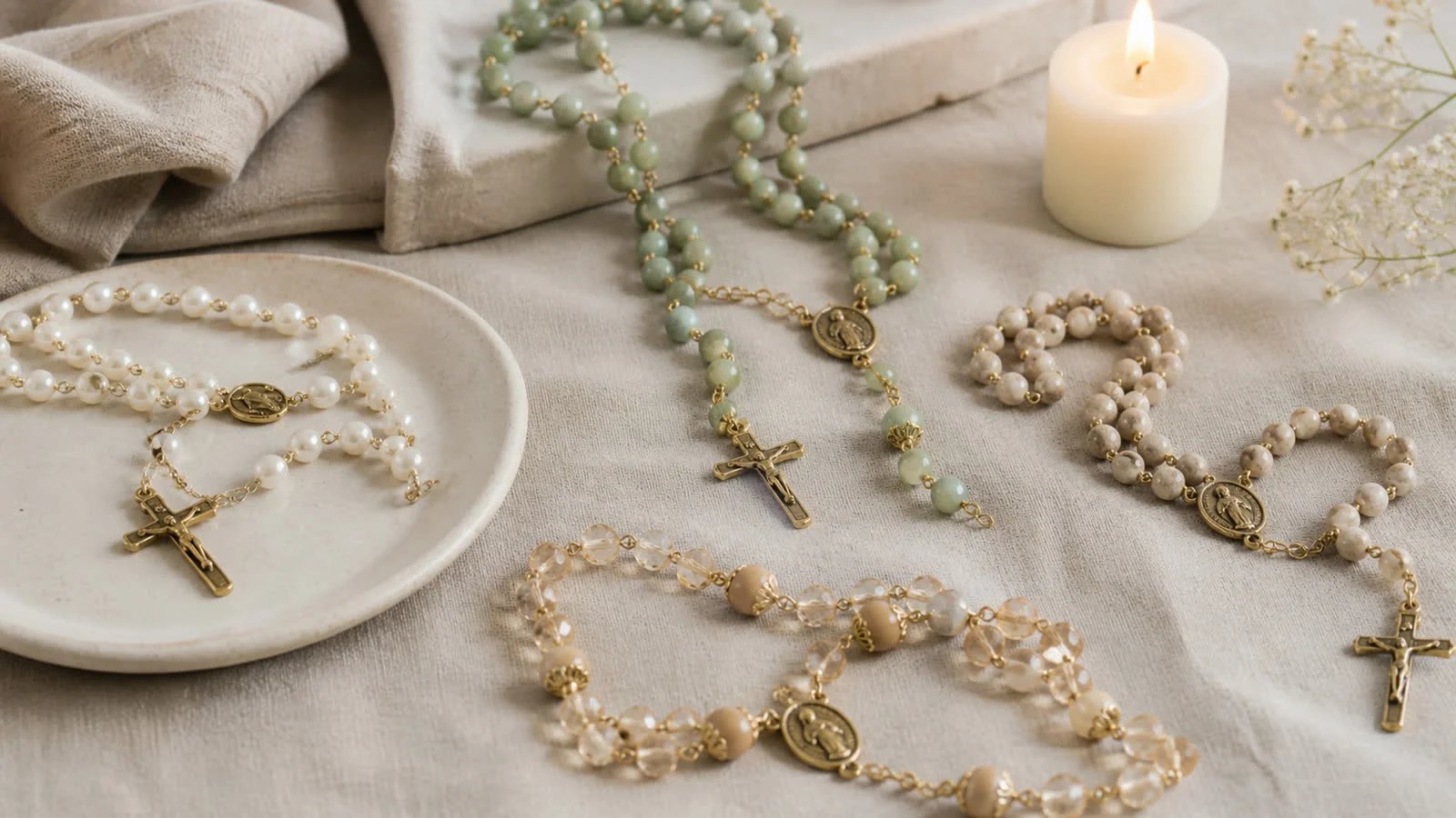 Several wooden Rosary beads and a phone showing a calm, abstract prayer colour palette on linen.