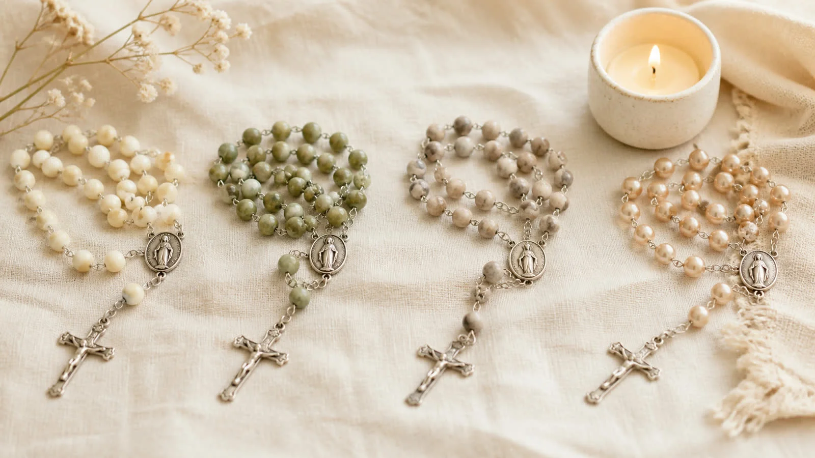 A Rosary arranged in four gentle sections around a candle on a warm cream surface.