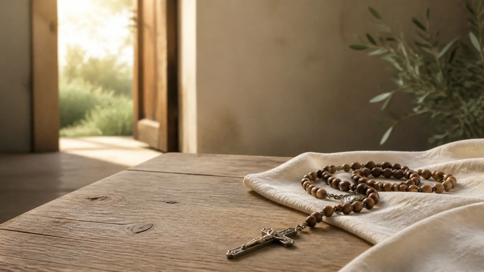 A Rosary placed beside an open doorway with soft morning light and a simple cream wall.