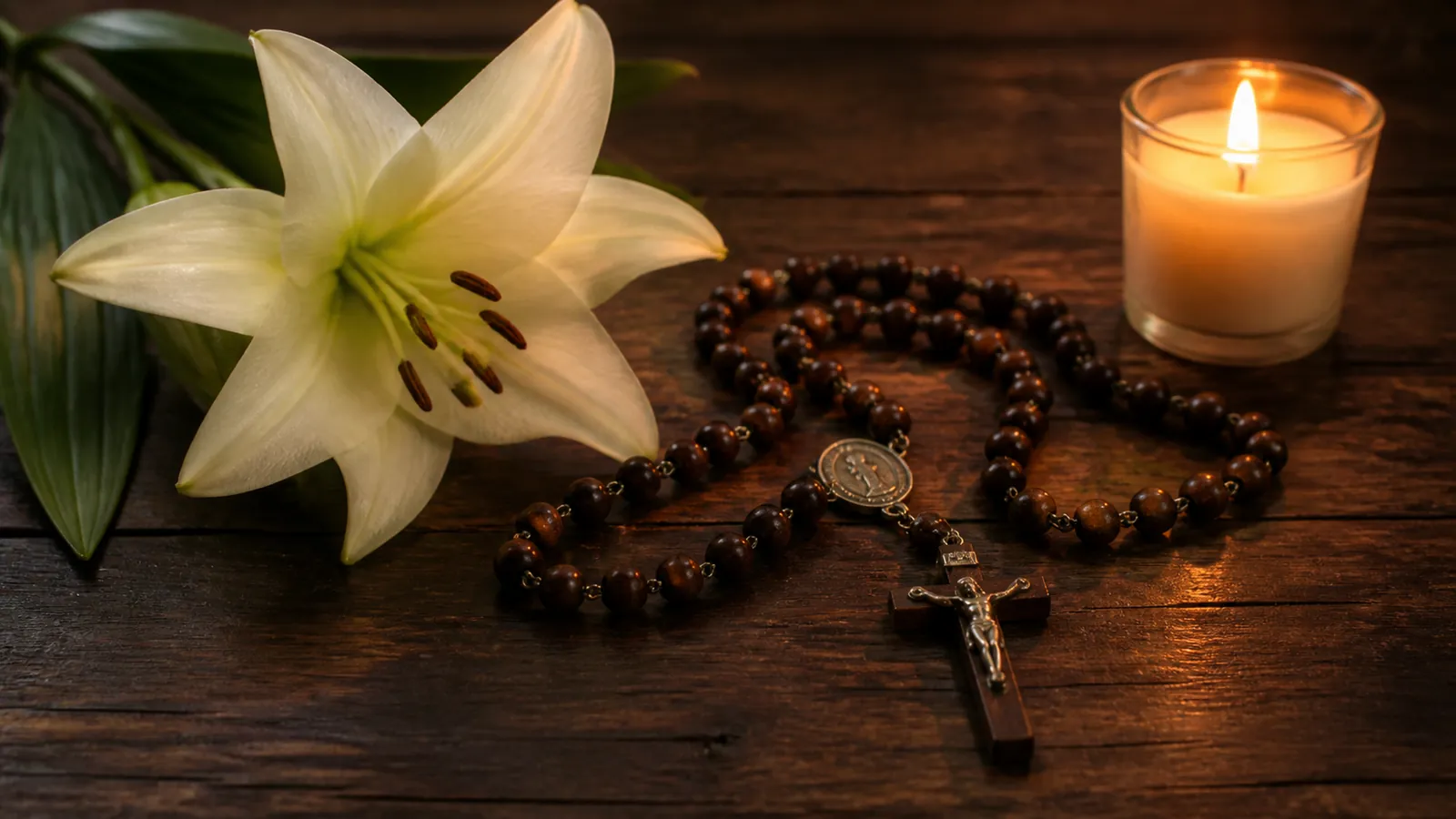A dark wooden Rosary beside a single white lily and a lit candle at dusk