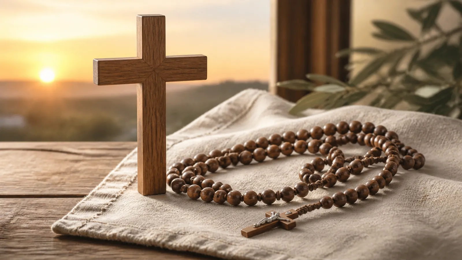 A wooden cross and Rosary illuminated by strong dawn light