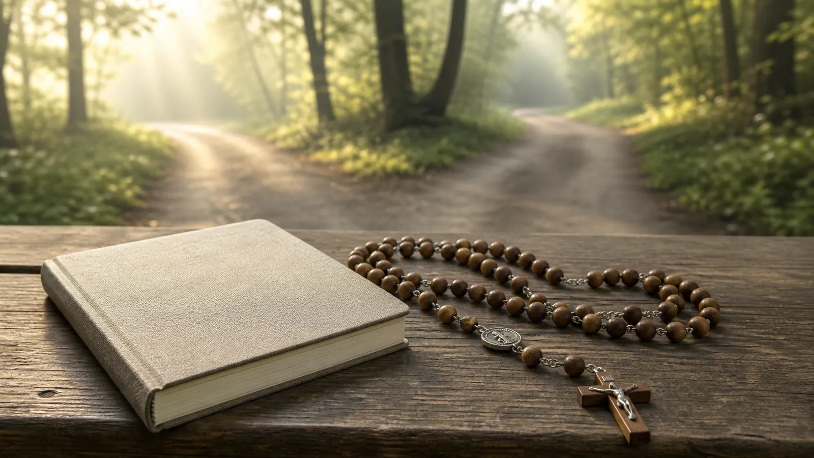 A Rosary at a forked woodland path beside a small closed notebook for discernment.