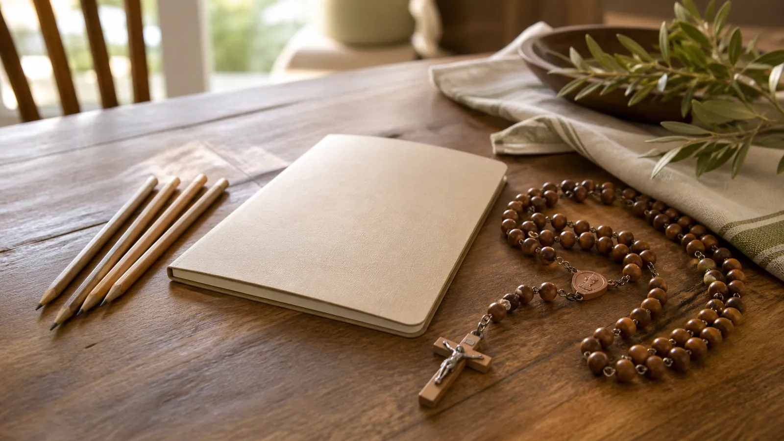 Pencils and a notebook beside a Rosary on a family table