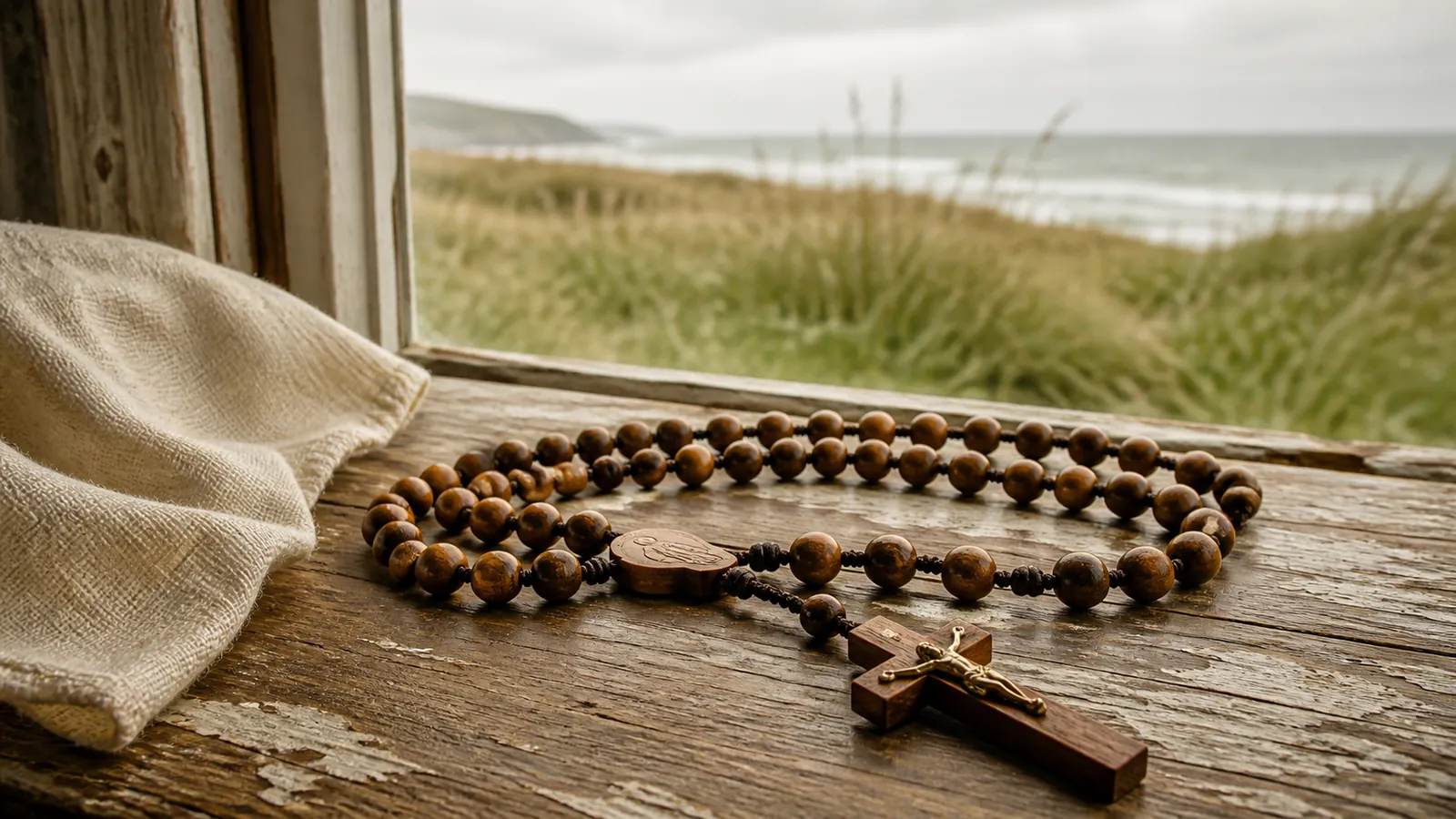 A Rosary near a window looking across windswept coastal grass beneath an open sky.
