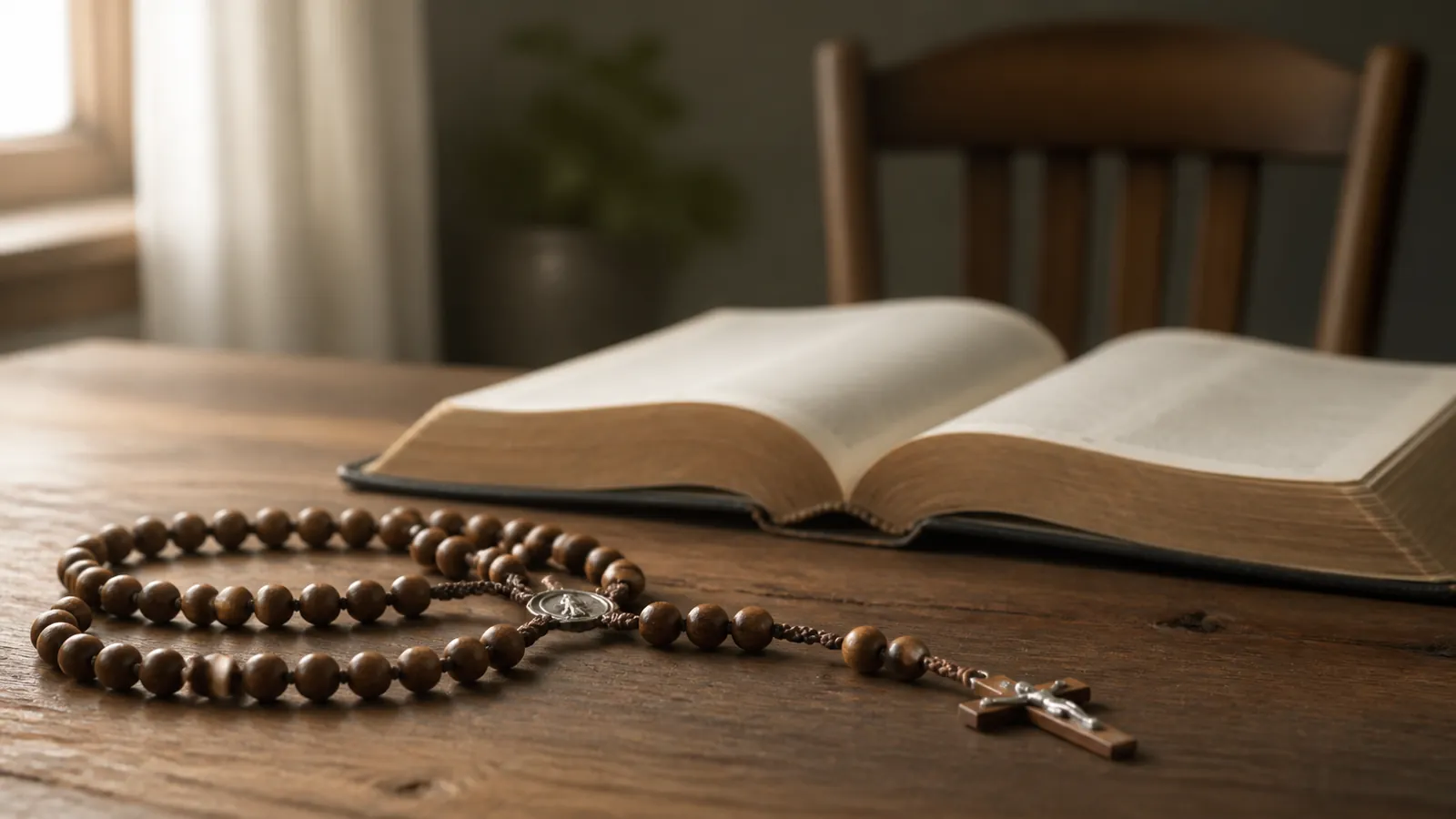 A Rosary beside an open book and a simple wooden chair prepared for attentive reading and prayer.