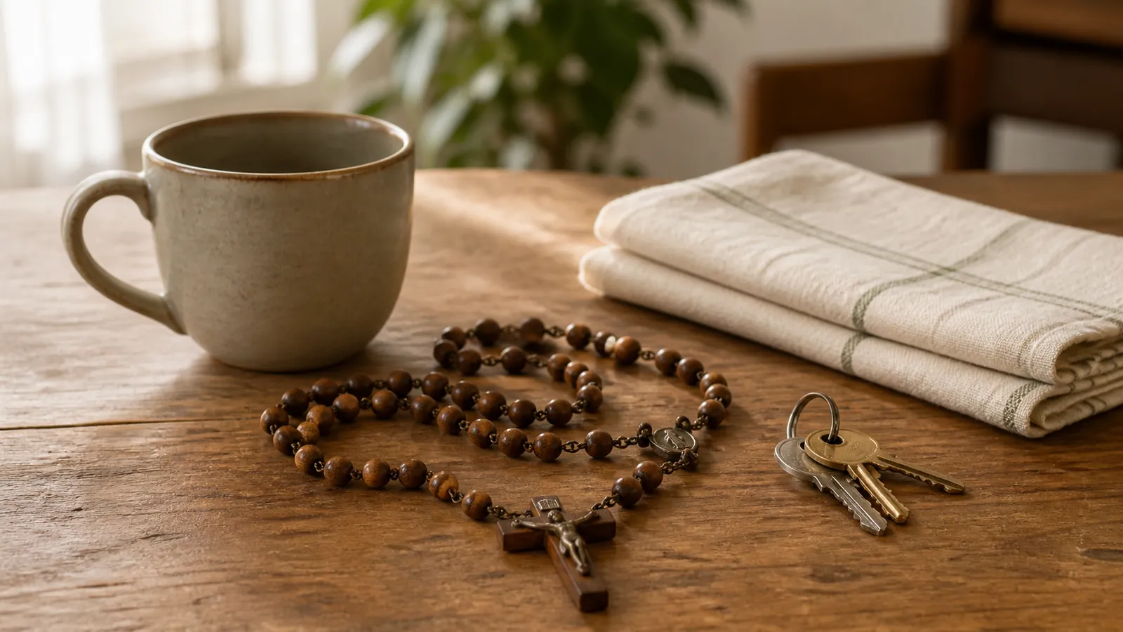 A Rosary beside a mug, keys and a folded tea towel on an everyday kitchen table.