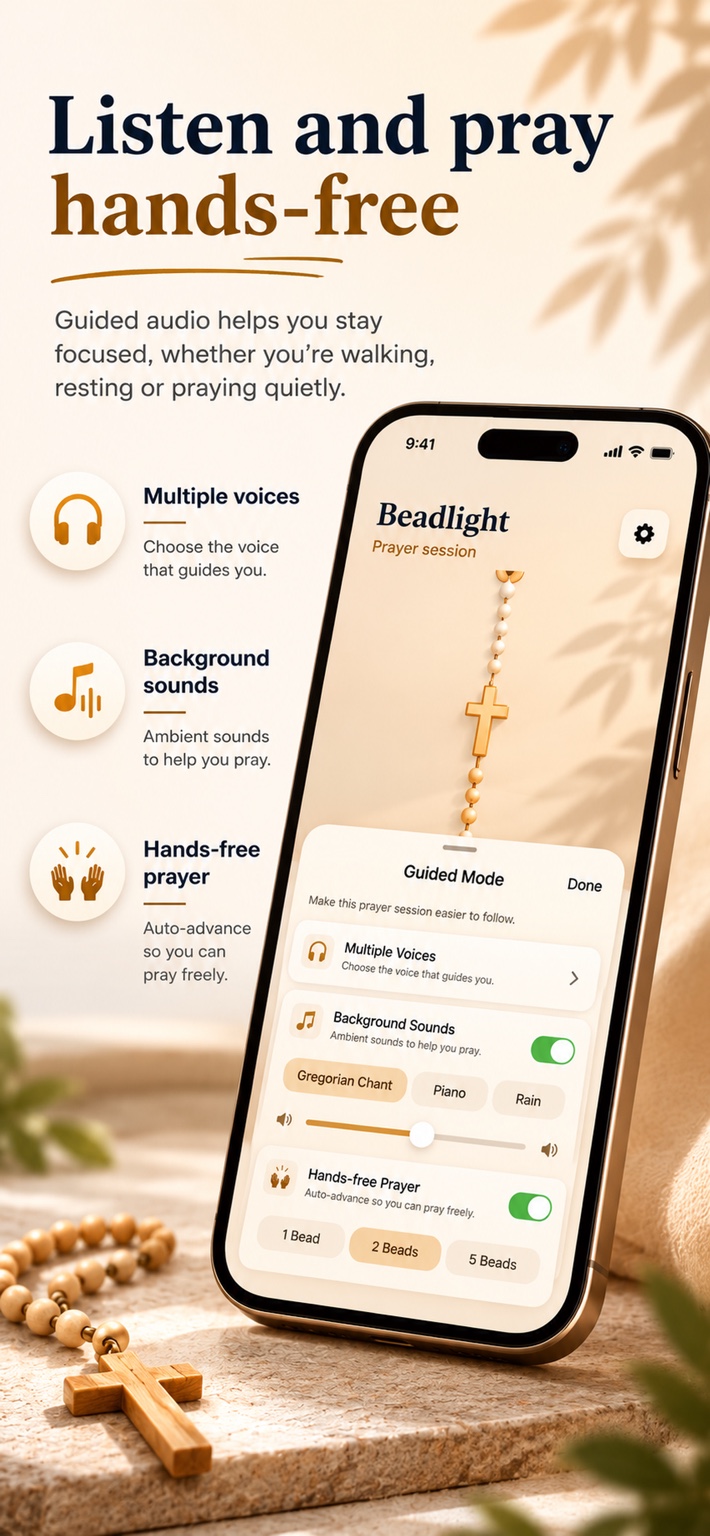 Beadlight guided mode with voices, background sounds and hands-free prayer controls